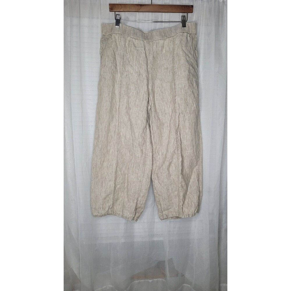 Eileen Fisher  100% Organic Linen Crop Capri Pants Large Beige Pull On Casual